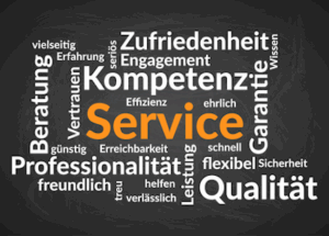 Wortwolke mit Service, Qualität, Kompetenz, Zufriedenheit.