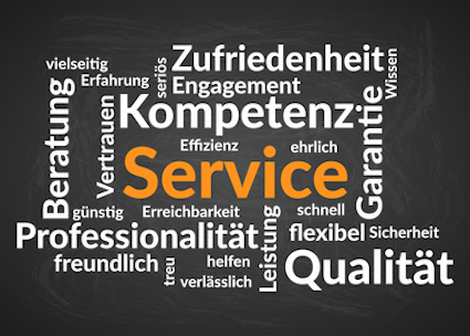 Wortwolke mit Service, Qualität, Kompetenz, Zufriedenheit.
